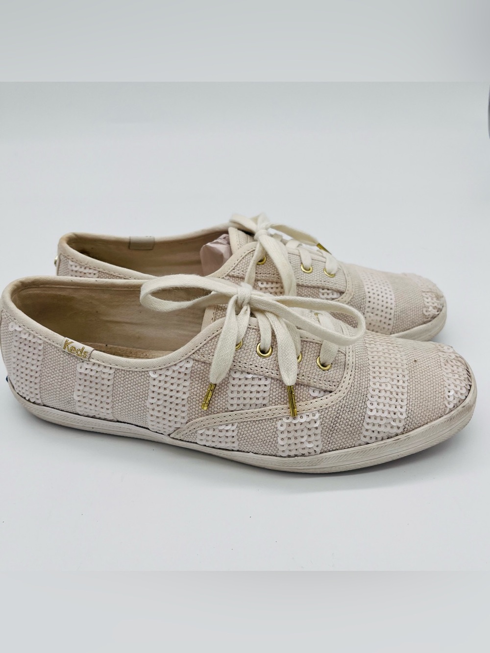 Kate Spade x Keds Women's Cream Knit & sequins Lace-Up Sneakers w/Gold Accents